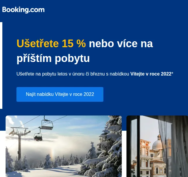 Booking.com: Sleva 15 % na pobyt – únor 2026 | Nuslet.cz