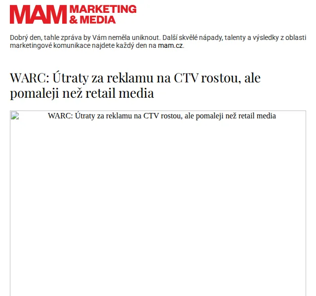 Marketing & Media: WARC – Útraty za CTV reklamu rostou o 13 % – červen 2026 | Nuslet.cz