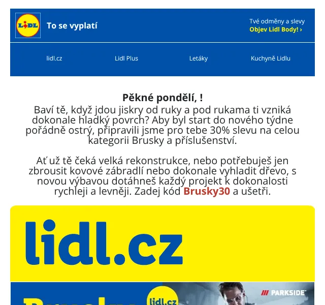 Lidl: slevový kód Brusky30 – 30 % září 2026