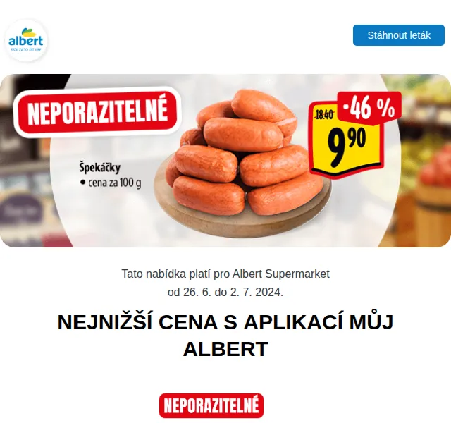 Albert: Špekáčky za 9,90 Kč, Gambrinus za 11,90 Kč – červen 2024 | Nuslet.cz