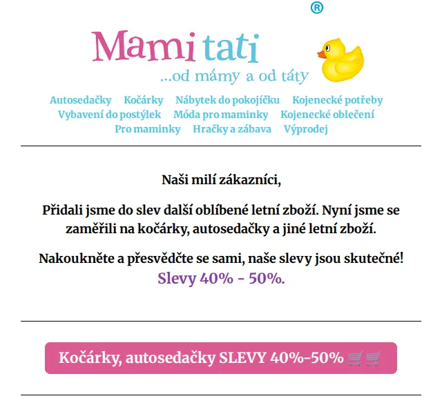 Mamitati.cz: Slevy 40–50 % na kočárky, autosedačky a hračky – červen 2026 | Nuslet.cz