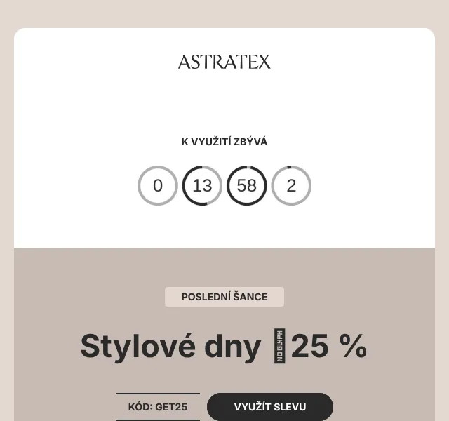 Astratex.cz: 25% sleva kód GET25 – září 2026