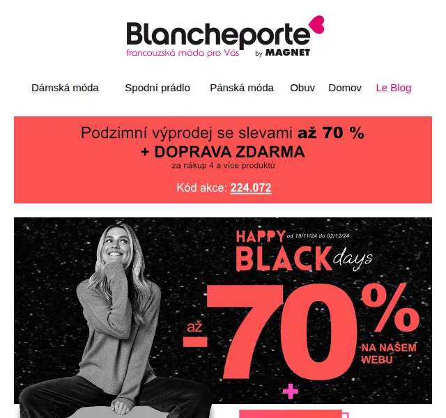 Blancheporte: Black Days slevy až 70 % + dárek zdarma – prosinec 2026 | Nuslet.cz