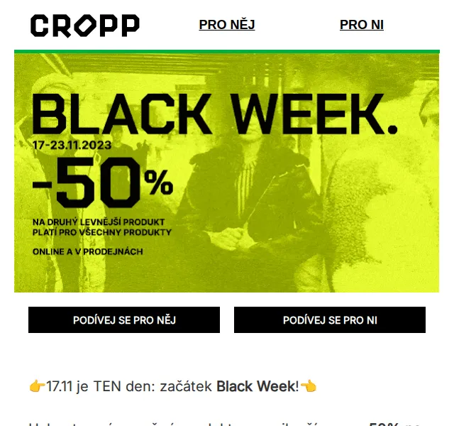 Cropp: Black Week slevy -50 % na druhý kus – červen 2026 | Nuslet.cz