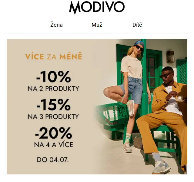 Modivo: 2+ produkty se slevou až 20 % – červen 2026 | Nuslet.cz
