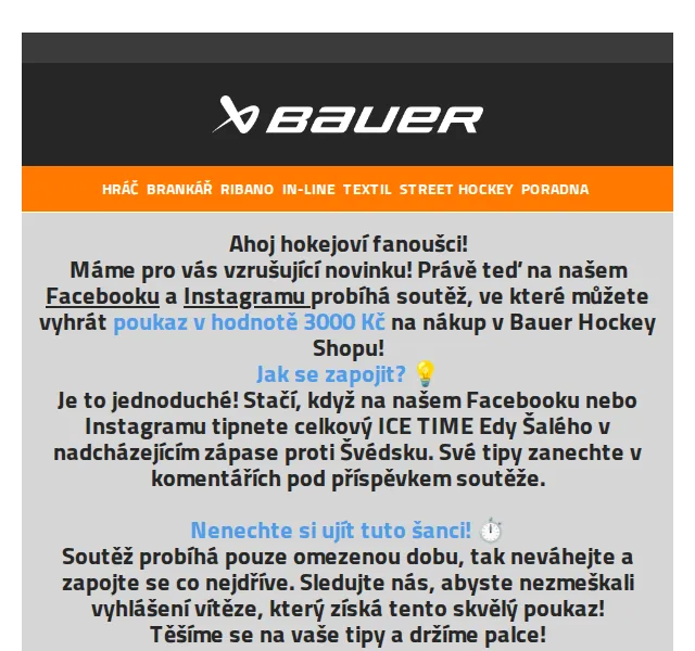 Bauer Hockey Česko: soutěž o 3000 Kč – červen 2026 | Nuslet.cz
