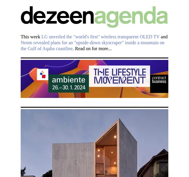 Dezeen Daily: Neom obrácený mrakodrap, LG transparentní TV – červen 2026 | Nuslet.cz