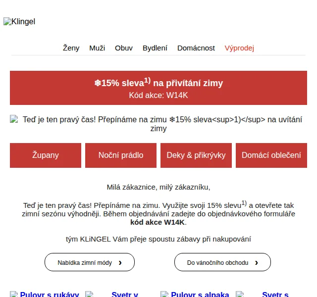 KLiNGEL: 15% sleva na zimní módu a bydlení – červen 2026 | Nuslet.cz