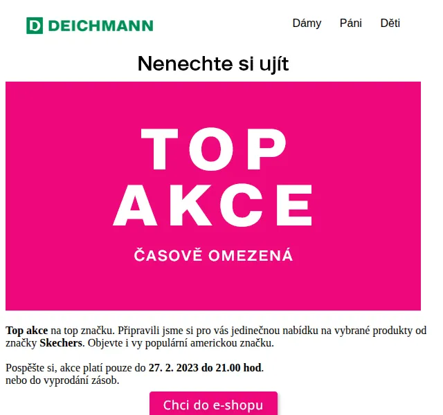 DEICHMANN: Doprava zdarma na vše + Skechers od 499 Kč – červen 2026 | Nuslet.cz