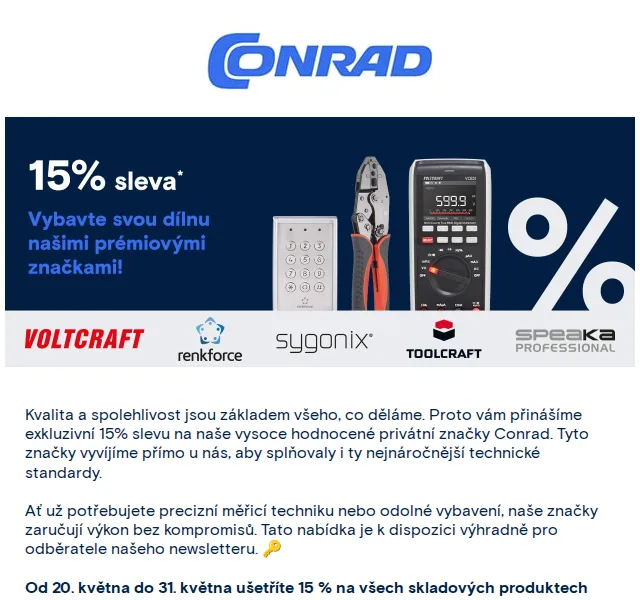 Conrad Electronic: 15 % sleva na Voltcraft, Toolcraft – květen 2026