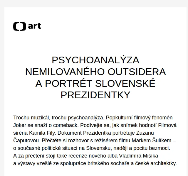 Web ČT art: Joker 2 a dokument Prezidentka – červenec 2026 | Nuslet.cz