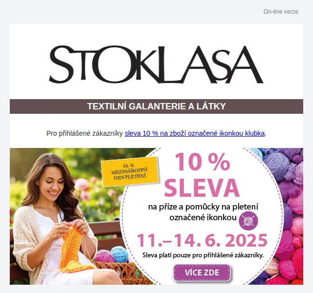 Stoklasa: sleva 10 % na příze a pomůcky – červen 2026 | Nuslet.cz