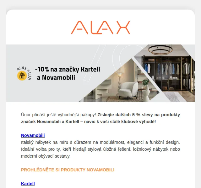 ALAX nábytek: 10% na Kartell a Novamobili – červen 2026 | Nuslet.cz