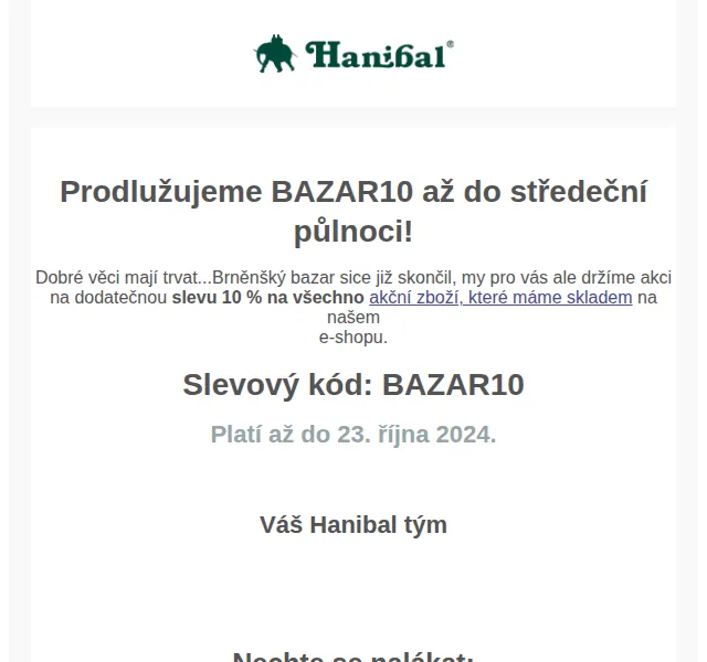 Hanibal.cz: dodatečná sleva 10 % na všechno zlevněné – říjen 2024 | Nuslet.cz