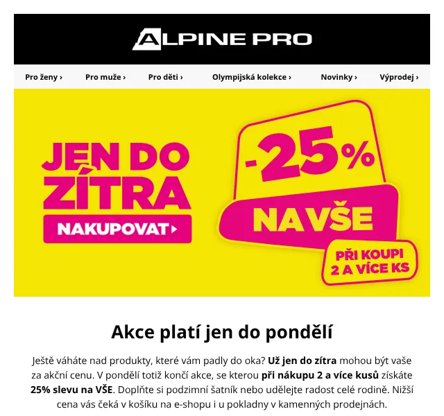 ALPINE PRO: 25 % sleva při nákupu 2 kusů – září 2026