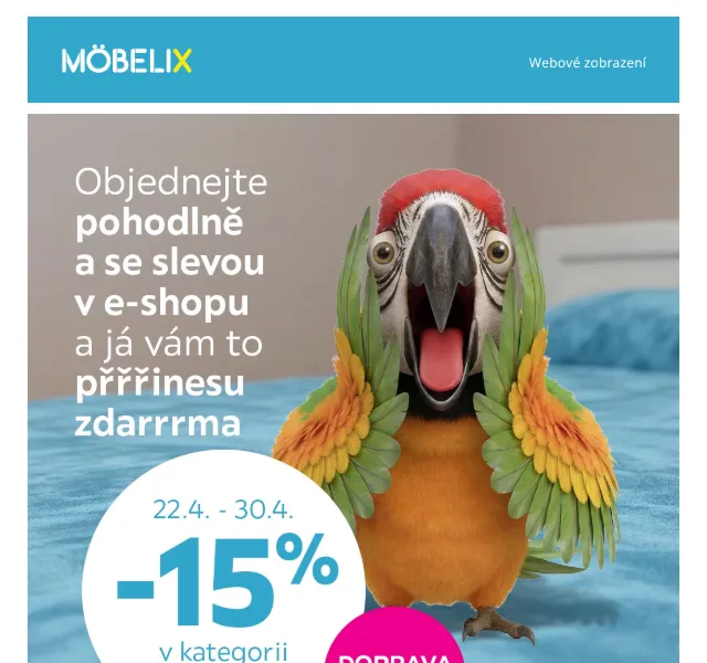 Möbelix: Nábytek -15 % se ZDARMA dopravou – duben 2026