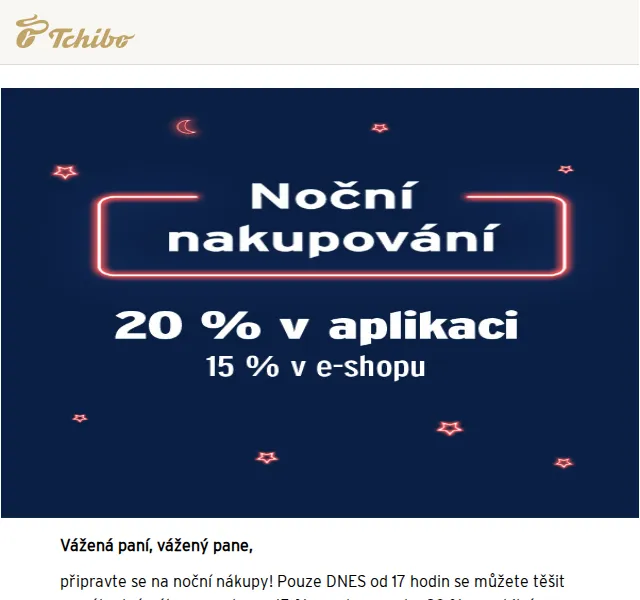 Tchibo: Noční nákupy – sleva 20 % v aplikaci | Duben 2026