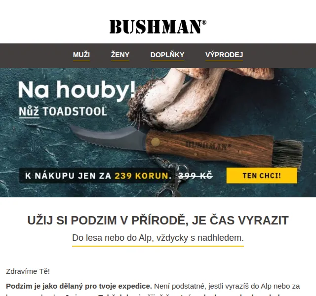 BUSHMAN: Podzimní kolekce + nůž za 239 Kč – duben 2026