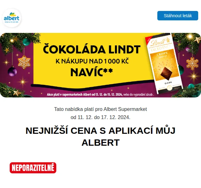 Albert: Kuřecí prsa 119,90 Kč/kg, Coca-Cola 36,90 Kč – prosinec 2024 | Nuslet.cz