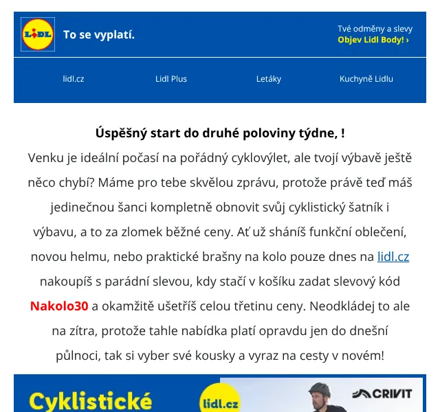 Lidl: Sleva 30 % na cyklovýbavu – červen 2026 | Nuslet.cz