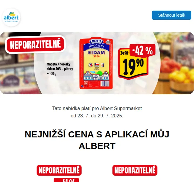 Albert: Vepřová plec 78,90 Kč/kg, Nektarinky 49,90 Kč/kg – červenec 2025 | Nuslet.cz