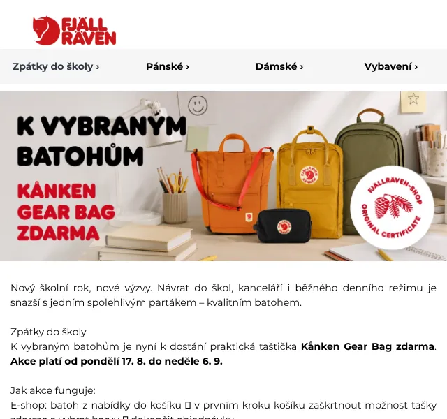 Fjallraven-shop: Batoh zdarma k nákupu – srpna 2026