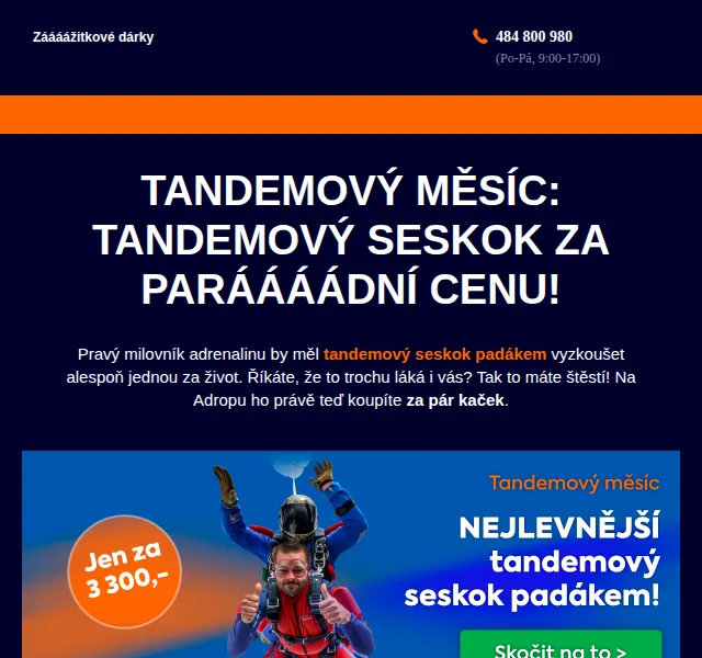 Adrop: Tandemový seskok od 3 300 Kč – červen 2026 | Nuslet.cz