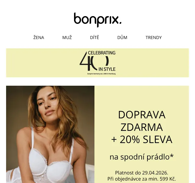 Bonprix: 20 % sleva na spodní prádlo + doprava zdarma – duben 2026