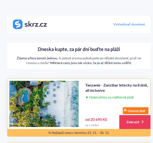 Vánoce na Skrz: Zanzibar last minute od 20 690 Kč a TOP 10 zájezdů – červenec 2026 | Nuslet.cz