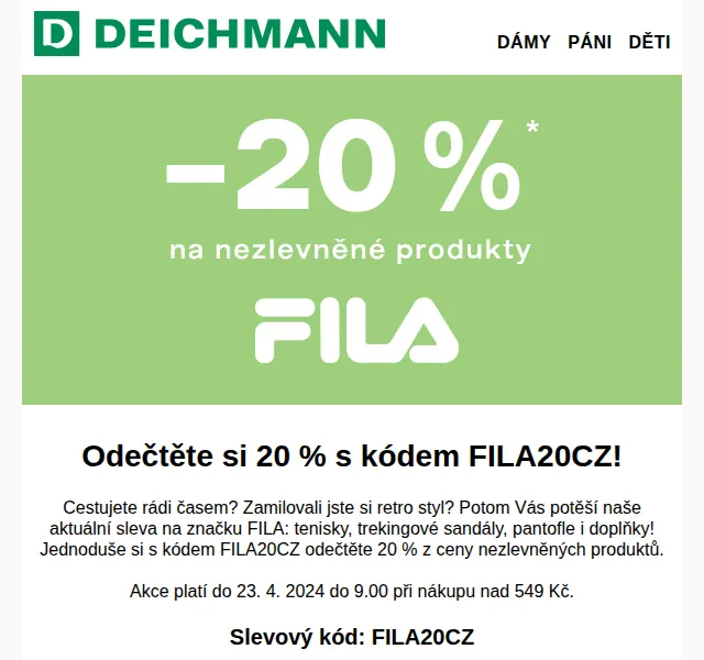 Deichmann: Sleva 20 % na značku FILA – červen 2026 | Nuslet.cz