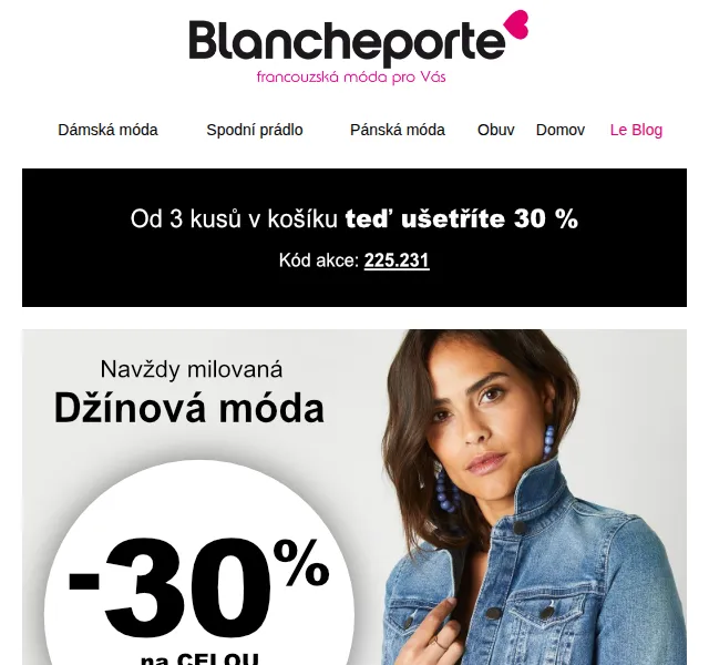 Blancheporte: sleva 30 % od 3 ks denimu – červenec 2026 | Nuslet.cz