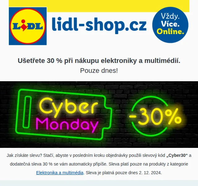 Lidl: Cyber Monday sleva 30 % na elektroniku a Hity týdne – prosinec 2024 | Nuslet.cz