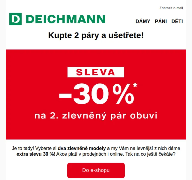 Deichmann: Extra sleva 30 % na 2. pár – duben 2026
