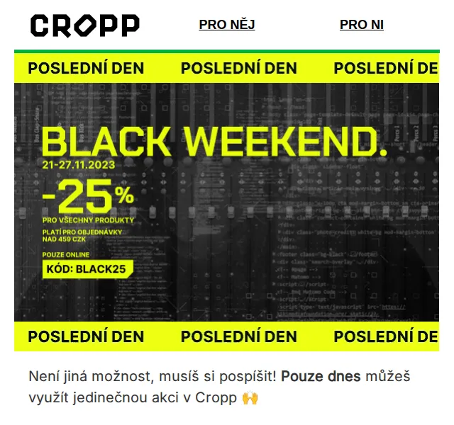 Cropp: Black Weekend sleva 25 % na vše – červen 2026 | Nuslet.cz
