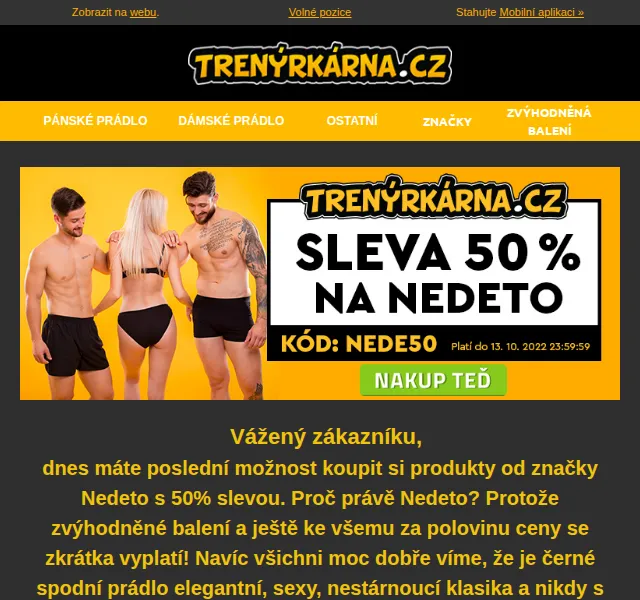 Trenýrkárna: 50% sleva na Nedeto – červen 2026 | Nuslet.cz