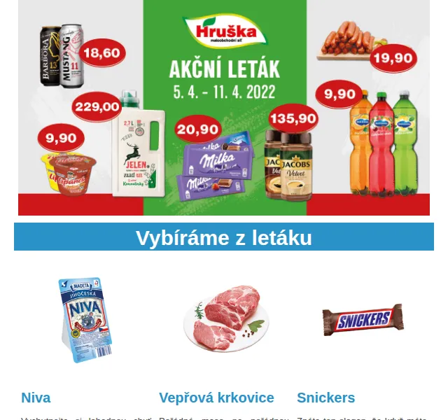 Váš HRUŠKA tým: Niva, krkovice, Snickers – leták duben 2026 | Nuslet.cz