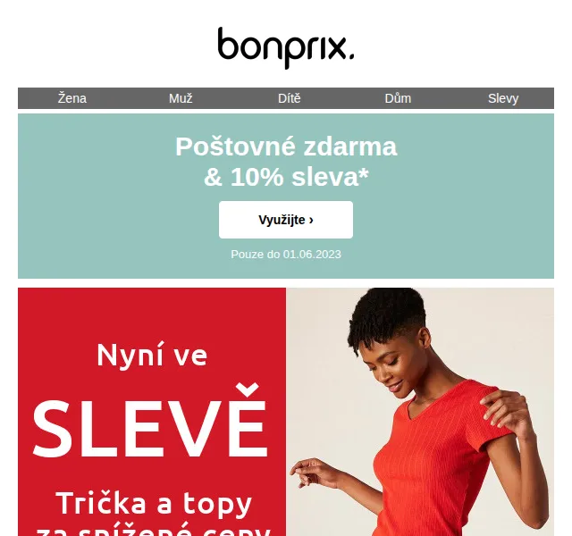 Bonprix: 10% sleva a poštovné zdarma na trička a topy – červenec 2026 | Nuslet.cz