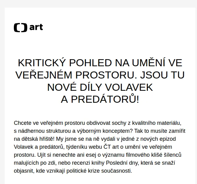 Web ČT art: Nové díly Volavek a predátorů – červen 2026 | Nuslet.cz