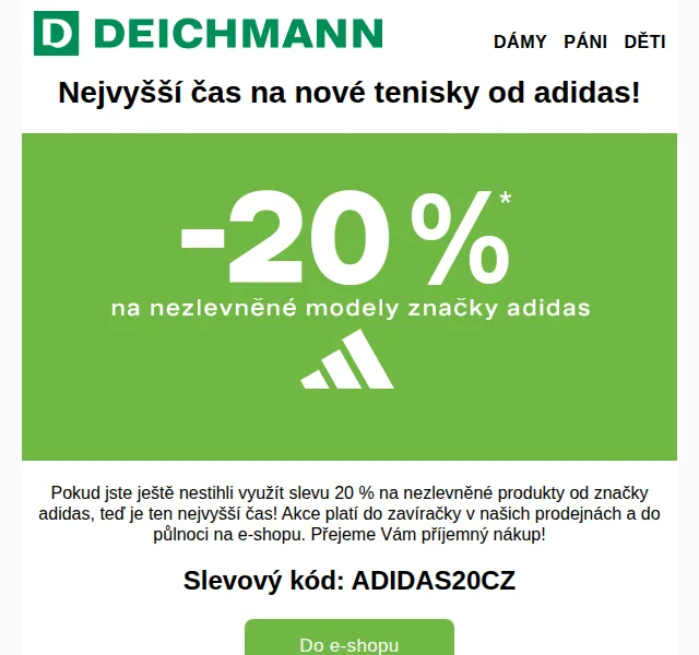 DEICHMANN: -20 % na adidas – červen 2026 | Nuslet.cz