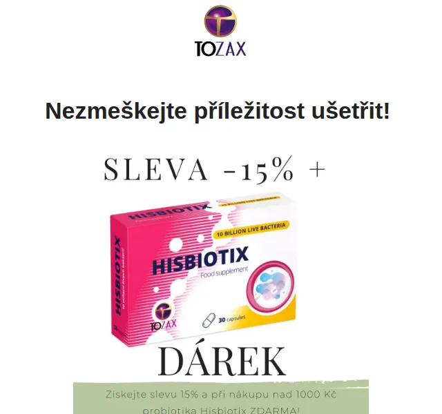 Tozax CZ: sleva 15 % a probiotika Hisbiotix jako dárek – červen 2026 | Nuslet.cz