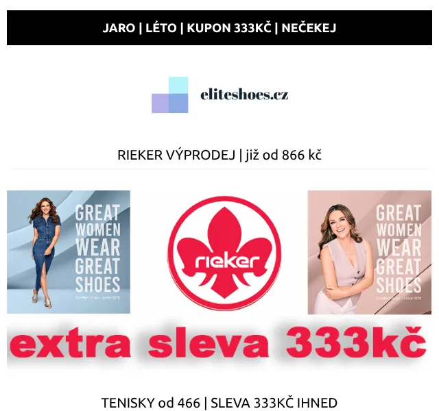 Eliteshoes: Rieker od 866 Kč – sleva 333 Kč – červen 2026