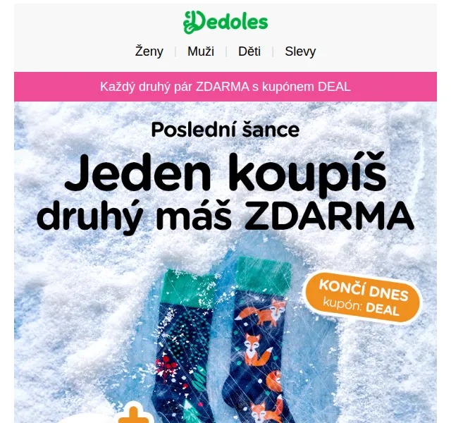 Dedoles.cz: 1+1 ZDARMA na ponožky a obuv – červen 2026 | Nuslet.cz
