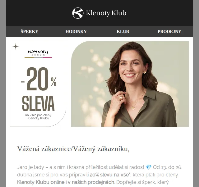 Klenoty Aurum: 20 % sleva na šperky a hodinky – duben 2026
