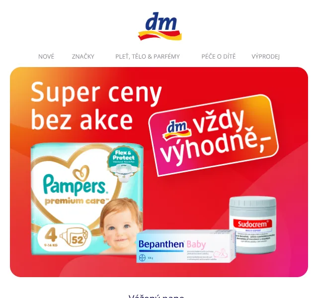dm Drogerie: Pampers Premium Care 299 Kč – červenec 2026