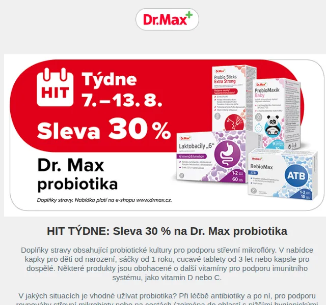 Dr.Max: Sleva 30 % na probiotika – červen 2026 | Nuslet.cz