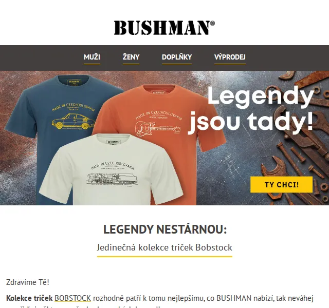 BUSHMAN: Legendární trička BOBSTOCK a nová kolekce šatů – červen 2026 | Nuslet.cz