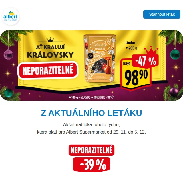 Albert: Lindor 98,90 Kč, Kinder 24,90 Kč – červenec 2026 | Nuslet.cz
