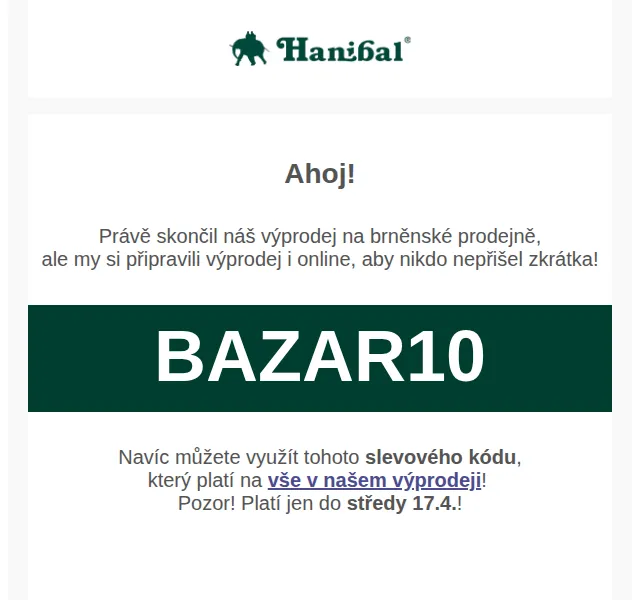 Hanibal.cz: Výprodej BAZAAR pokračuje online – červen 2026 | Nuslet.cz