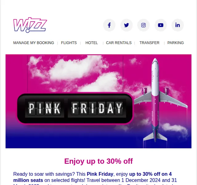 Wizz Air: Pink Friday sleva až 30 % na letenky – červen 2026 | Nuslet.cz