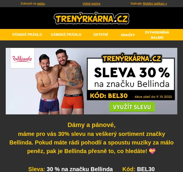 Trenýrkárna: sleva 30 % na Bellinda – červen 2026 | Nuslet.cz